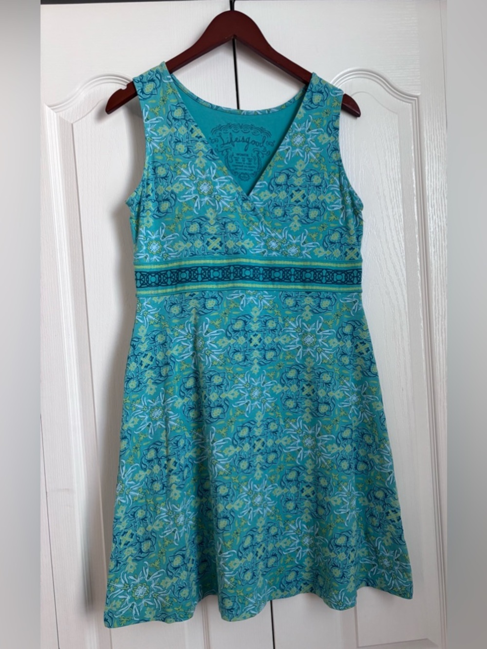 Life Is Good Women's Dress 10 Blue Teal V-neck Sleeveless Stretch Paisley Active